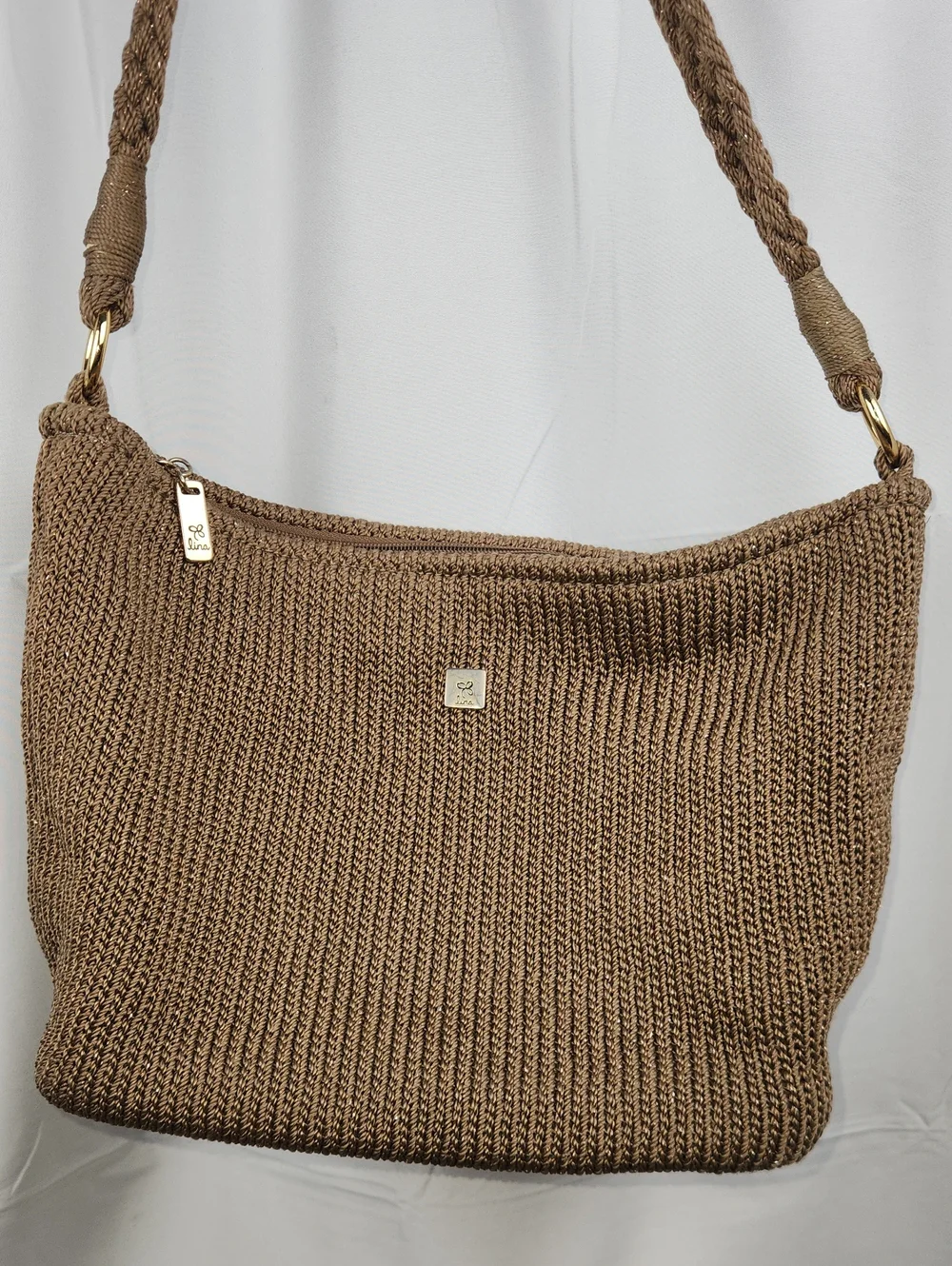Lina Crochet Braided Boho Shoulder Bag - Cappuchino/Gold Thread